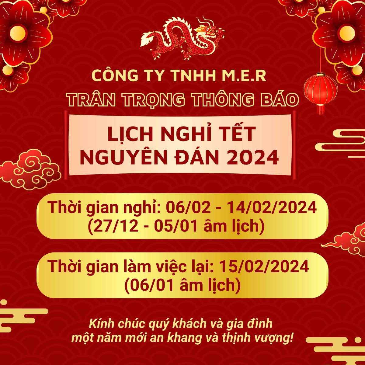 THÔNG BÁO LỊCH NGHỈ TẾT NGUYÊN ĐÁN 2024